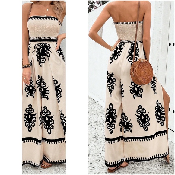 039 Boho Shirred Bodice Wide Leg Jumpsuit - Picture 5 of 13